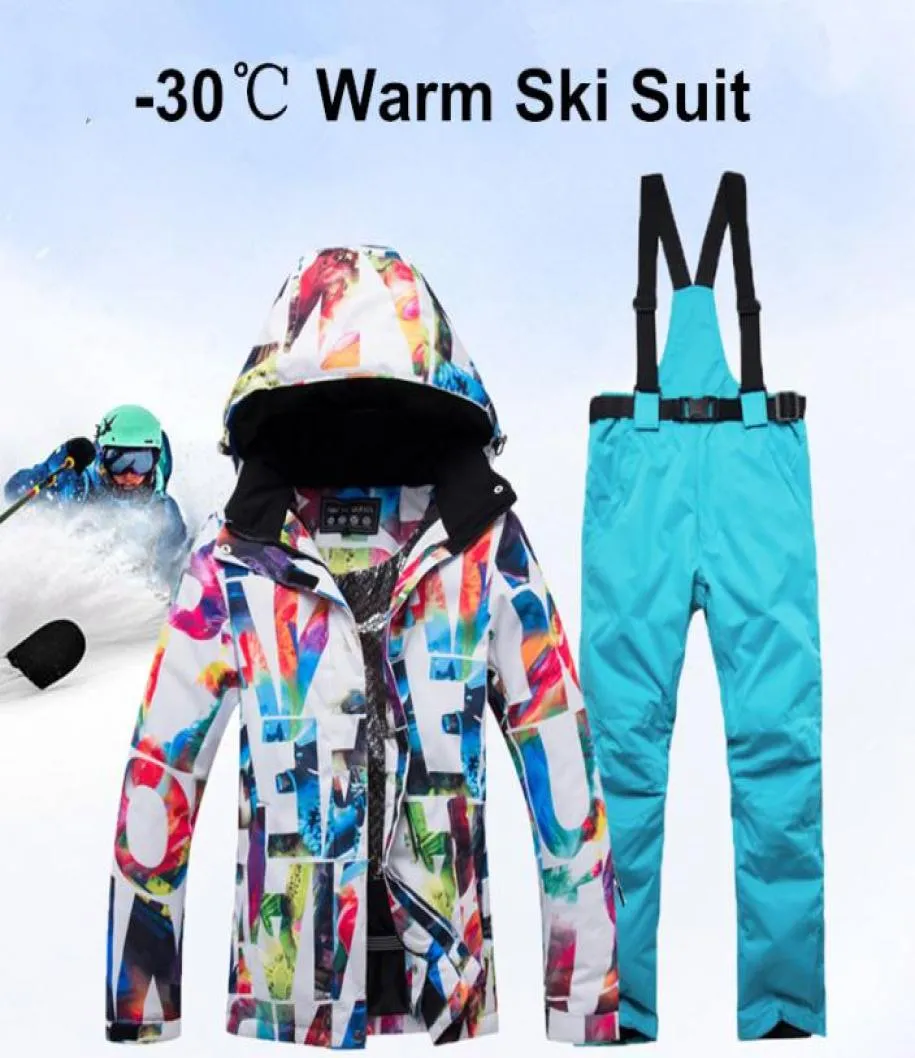 Novo terno de esqui quente grosso feminino à prova dwindproof água à prova vento esqui e snowboard jaqueta calças conjunto feminino trajes neve ao ar livre wear6665087