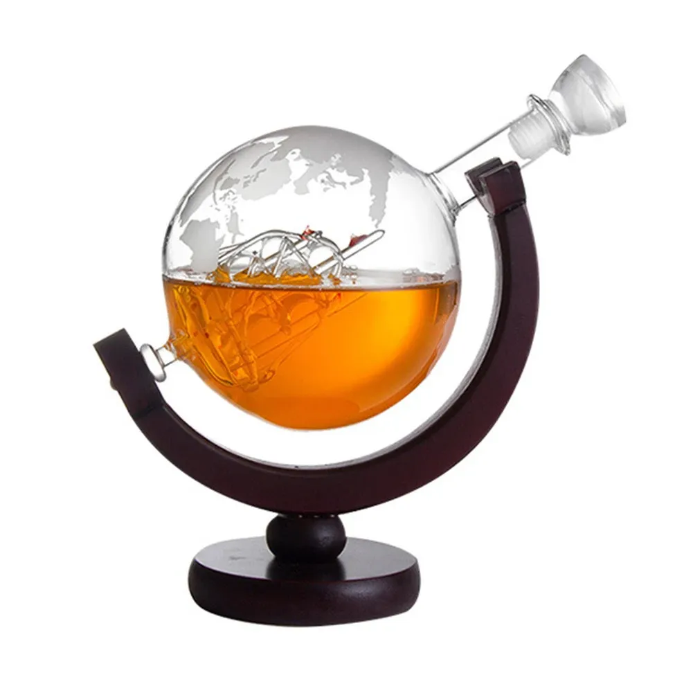 Whiskey Decanter Globe Wine Aerator Glass Set Sailboat Inside with Fine Wood Stand Liquor for Vodka forBanquet 240122