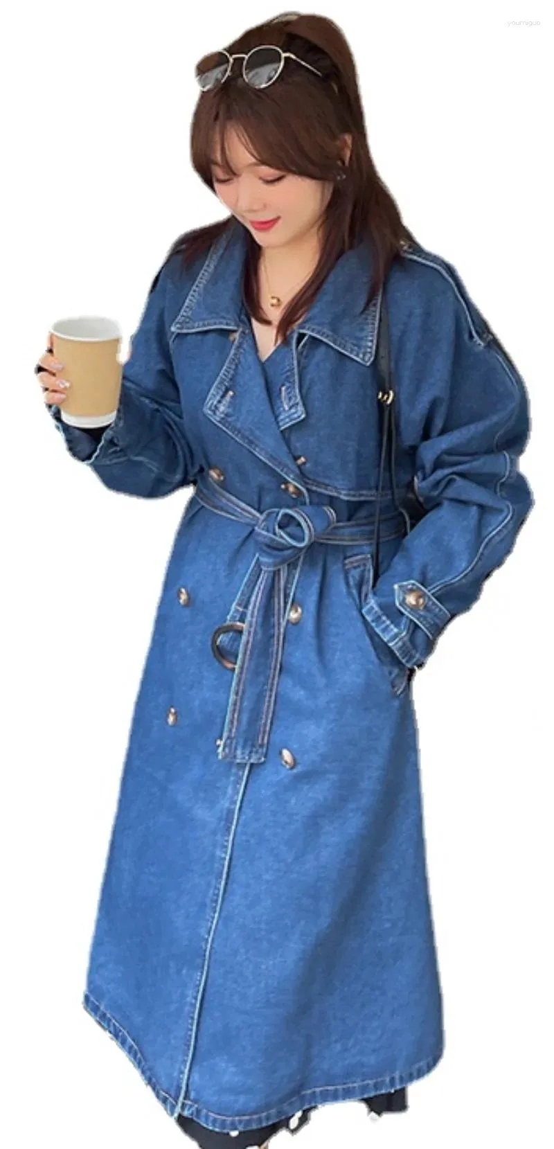 Damen Trenchcoats Plus Size Mantel mit Gürtel für Herbst 2024 im lässigen Denim-Stil