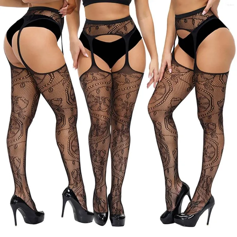 Femmes chaussettes bas pour grande taille avec ceinture ensemble collants Lingerie Sexy imprimé fleuri longue maille dentelle bas Ponczochy Do Ruchania