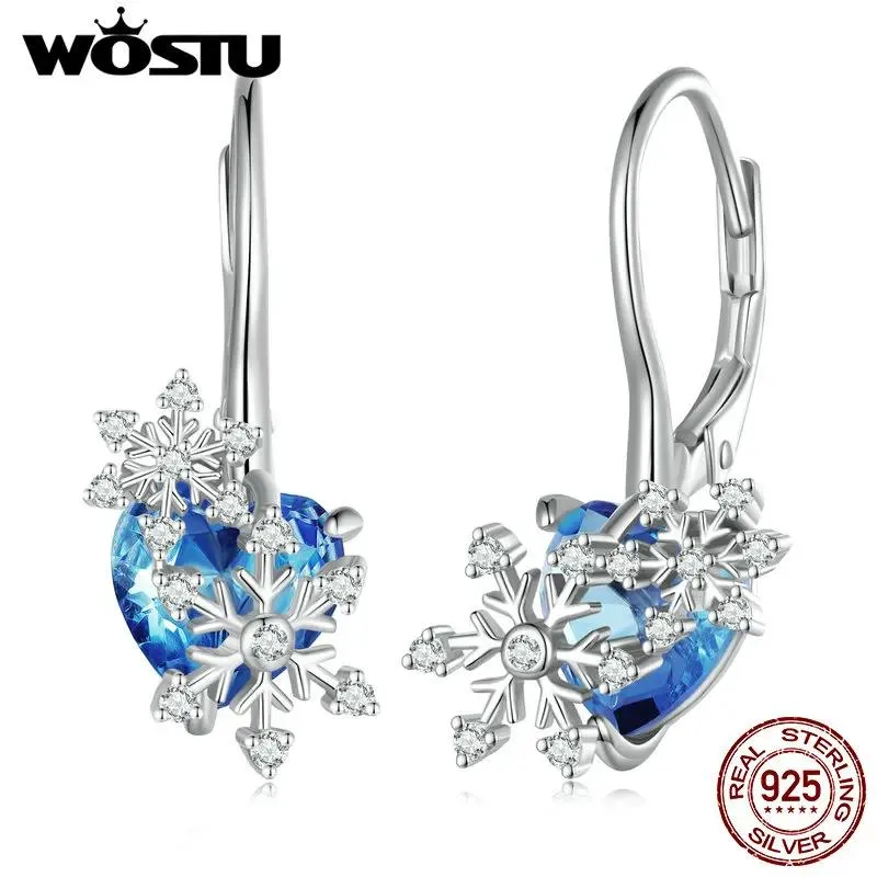 Pendientes WOSTU Pendientes colgantes de plata de ley 925 con forma de copo de nieve para mujer, aros de cristal azul océano, Clips, regalo de fiesta de cumpleaños