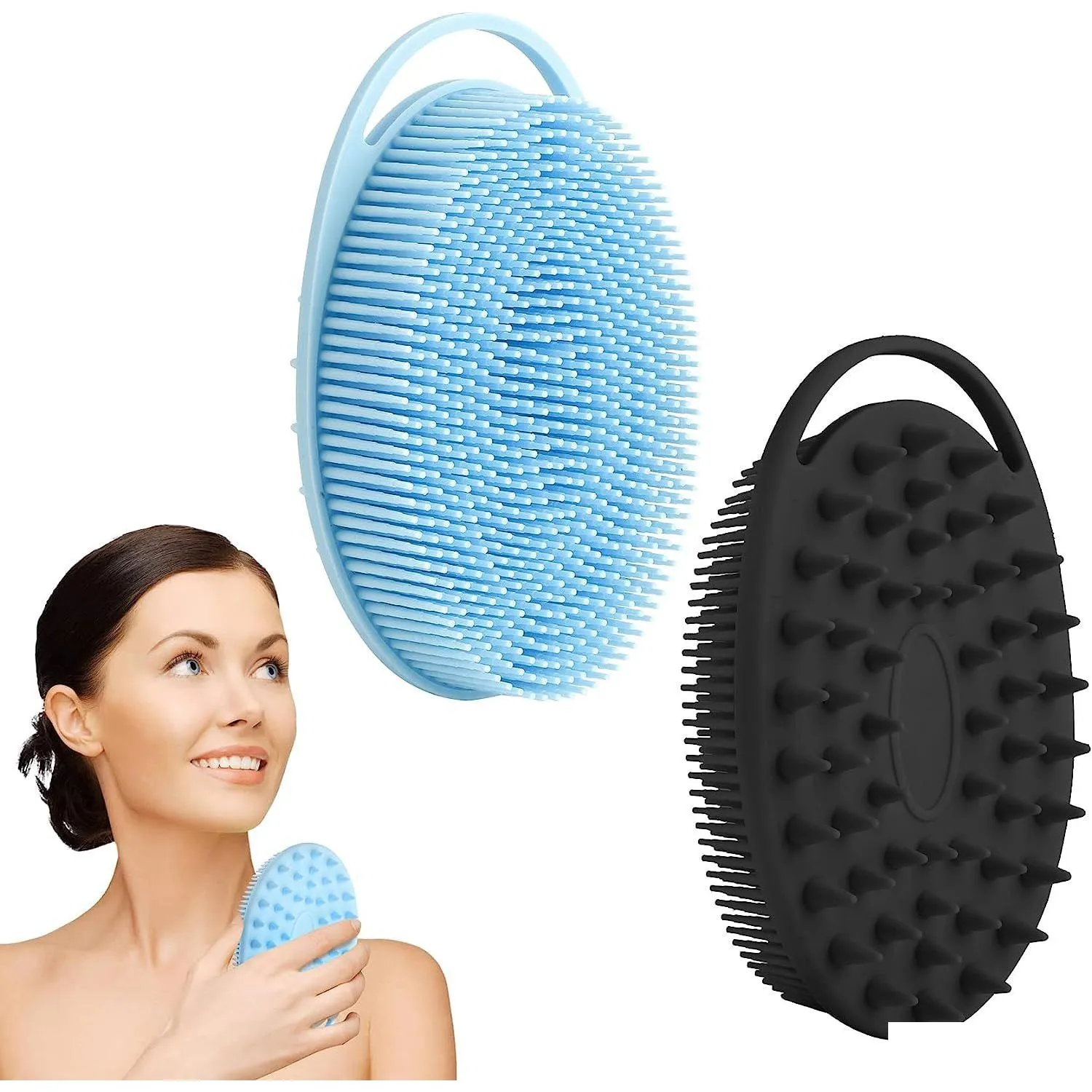 Ferramentas de banho Acessórios Esfoliante Sile Body Scrubber Soft Loofah Shower 2 em 1 Esfoliante Masr Shampoo Escova para toda a pele Homens Mulheres K Dhicn