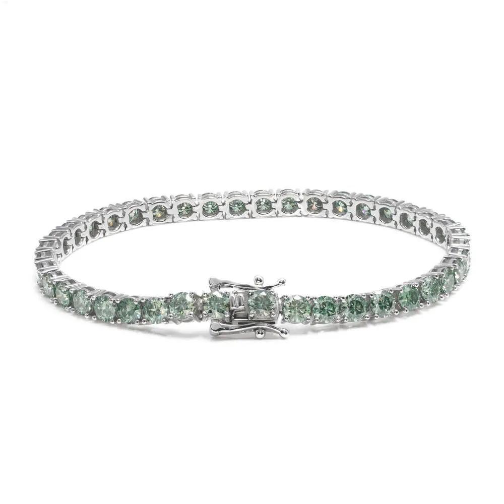 Ny tennisarmband runt Moissanite Hip Hop Trendy 3-5mm Green Moissanite 925 Silver smycken bröllopsarmband för kvinnor män