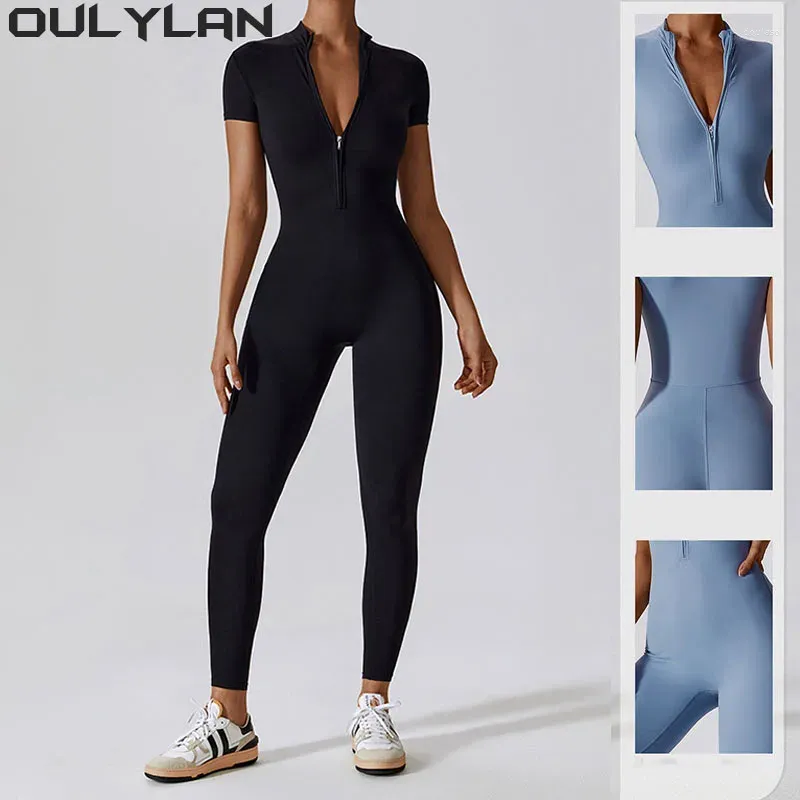 Ensembles actifs Oulylan ensemble de Yoga une pièce combinaisons pour femmes costume fermeture éclair à manches courtes gymnastique Push Up vêtements d'entraînement Fitness body vêtements de sport