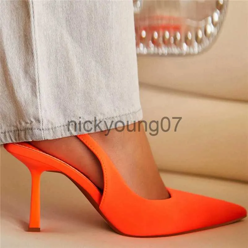 Женские сандалии на высоком каблуке 9 см. Неоновые оранжево-зеленые сандалии. Леди Мюли с ремешком на пятке. Туфли на среднем каблуке с острым носком. Вечерние фетиш-выпускные свадебные туфлиJ240122