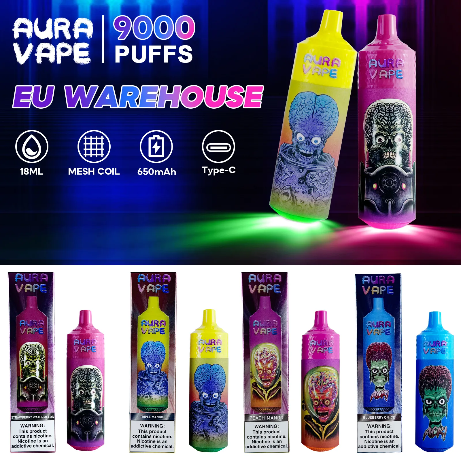 EU Lagerhaus Original Aura Vape 9K Puffs Einweg E Cigarette Pen 9000 Puff, umgefüllte elektronische Cigon 2% Dual Mesh Spule gegen Randm Tornado