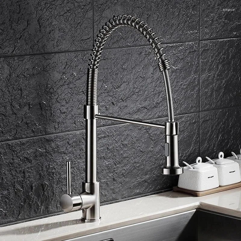 Kitchen Faucets Spring Style Nickle Brushed Basin Pull Faucet Mixer Dual Sprayer Swivel Spout Rotatable Cold Sink Taps