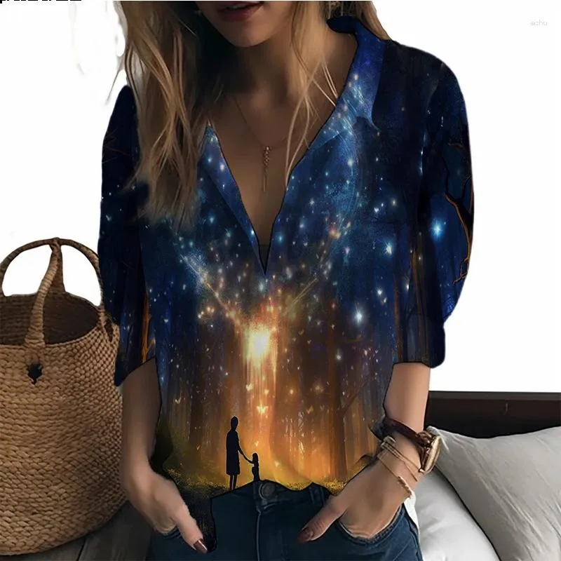 Damesblouses Zomer Dame Shirt Bos Vuurvliegjes 3D Gedrukt Mooie Stijl Dames Trend Mode Los