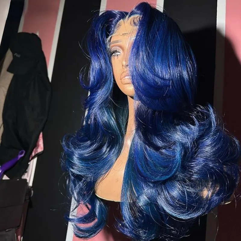 Dark/Navy blue closure wig eullair Short Navy Blue Straight Lace Frontal Wig Pre  main image 4