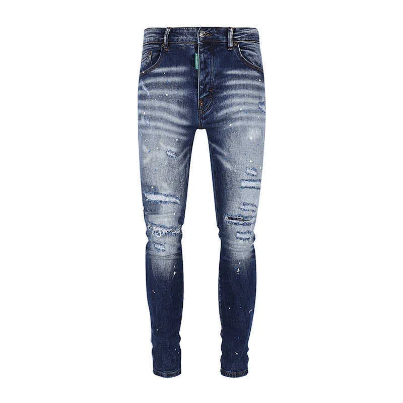 Men's Jeans new season splashed ink paint with holes washed cotton breathable and slim fit casual denim pants for men trendy