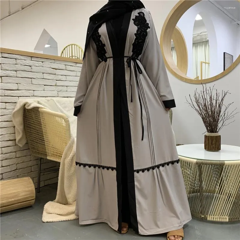 Roupas étnicas Cinza Abayas Mulheres Dubai Kaftan Vestido Muçulmano Islâmico Aberto Abaya Turco Jalabiya Eid Ramadan Kimono Cardigan Robe Modesto