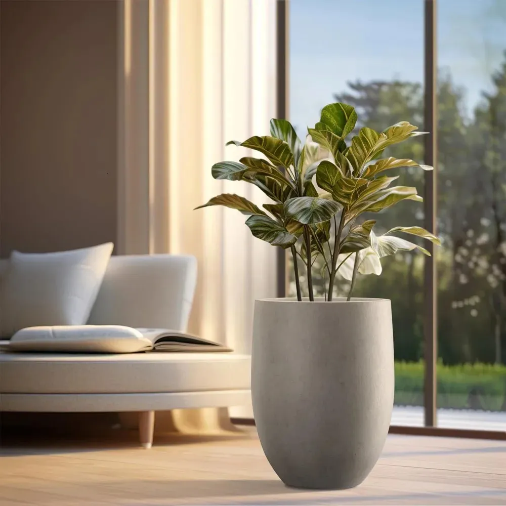 Large Decorative Pots for Indoor Plants - Weathered Concrete Tall Planter  with Drainage Hole & Plug for Outdoor/Indoor Use