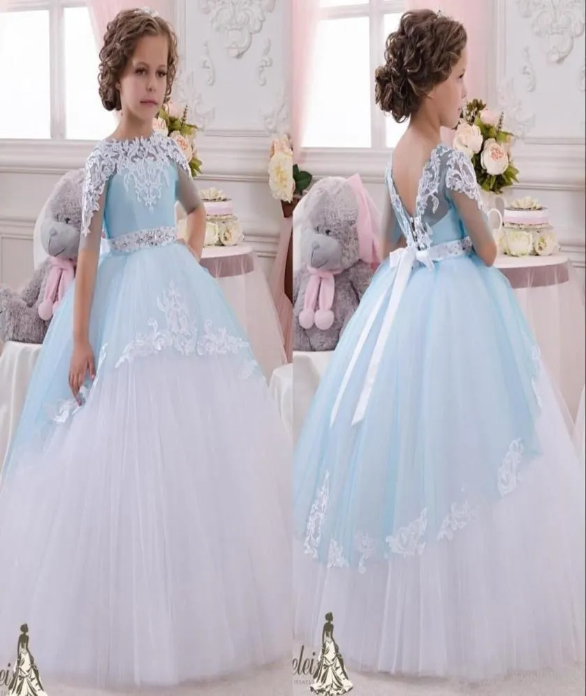 Half mandeve ciel bleu fleur filles robes en perles cristaux appliques en dentelle gonfy fleurisgirl Longueur du sol