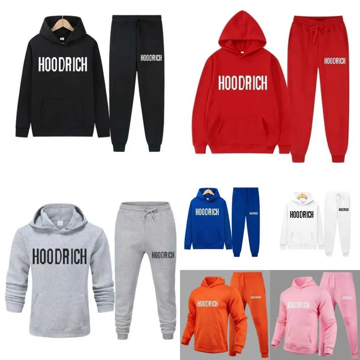 2024 Inverno Esportes Hoodie Para Homens Hoodrich Treino Carta Toalha Bordado Moletom De Inverno Com Capuz Para Homens Colorido Azul Sólido Conjunto De Suéter KCAV