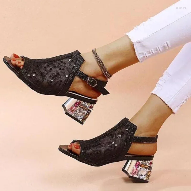 Sandali 2024 donna estate moda tacco medio scarpe peep toe per glitter donna cinturino con fibbia strass bling