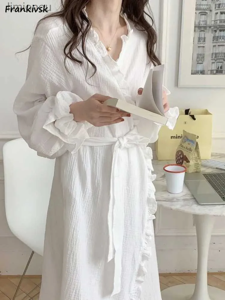 Feminino sleep lounge midi robes feminino elegante sólido simples manga longa outono moda macio doce casual senhora nightwear diário roupão coreano rendas-upl240122