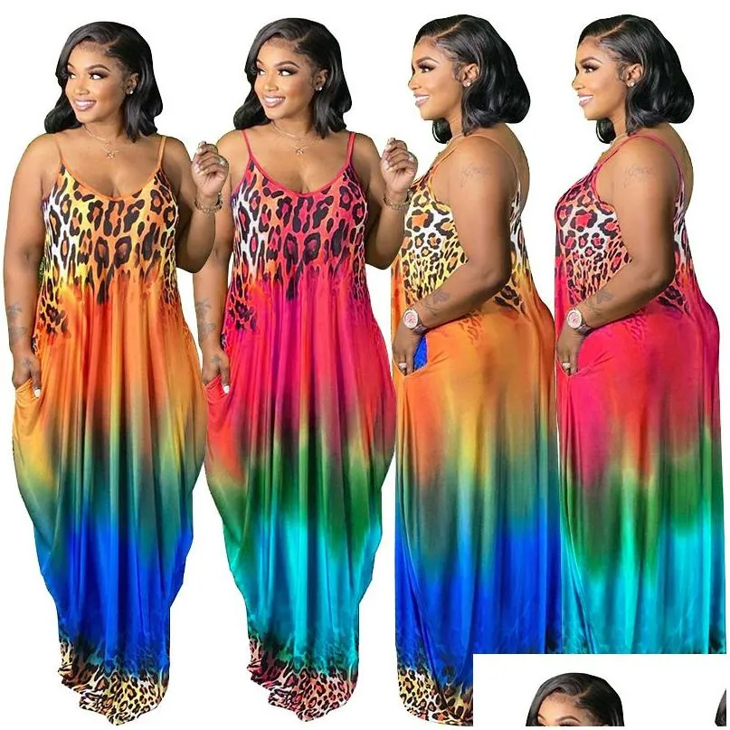 Grundläggande avslappnade klänningar Leopard Rainbow Print Cami Maxi Dress Women Summer Clothes Woman Long Gradient Color Printed Vestdos med POC DHU59