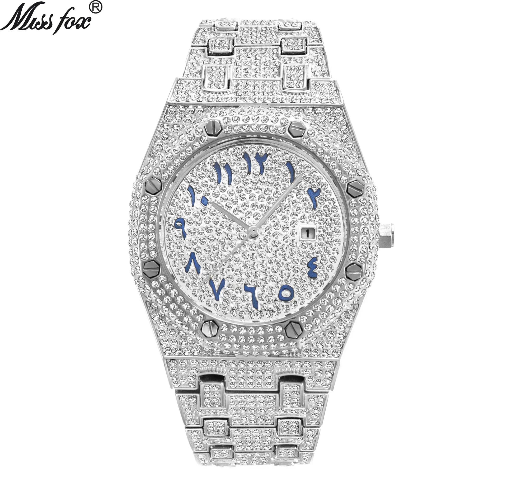 MISSFOX montre marque vente chaude européenne et américaine Hip Hop haut de gamme plein diamant étanche calendrier montre pour hommes