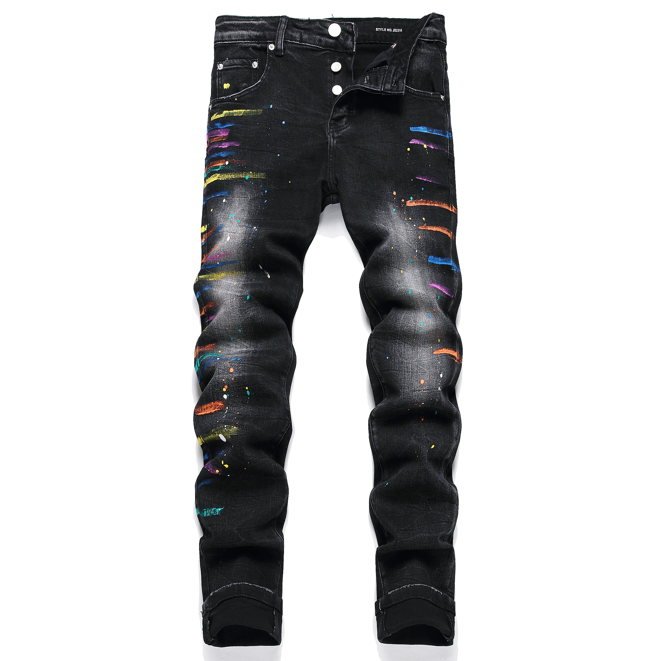 Jeans designer jeans målade rippade mens raka jeans män knä mager rak storlek 30-38 motorcykel trendig lång rak hål denim grossist 3584
