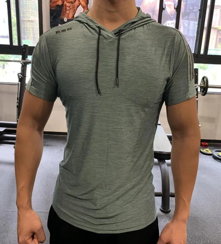 green GYM Sport Hooded Running T shirt Fitness Slim High Elasticity Breathable Quick Dry Bodybuilding Mens Tshirt Men Tee Tops8242353