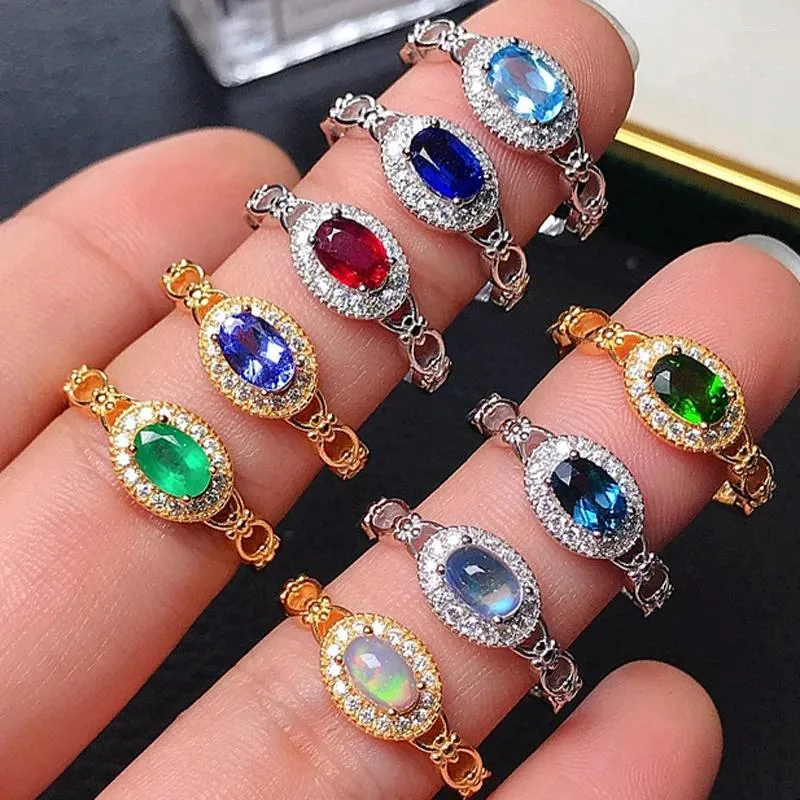 Klusterringar meibapj grossistpris Natural Emerald/Topaz/Ruby/Tanzanite // Diopside/Sapphair For Women 925 Silver Fine Wedding Jewelry