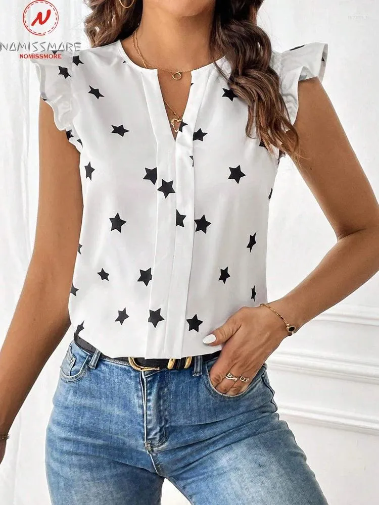 Women's T Shirts Fashion Women Summer Star Print T-shirts Patchwork Design Ruffles Decor V-Neck ärmlösa Loose Pullovers Top