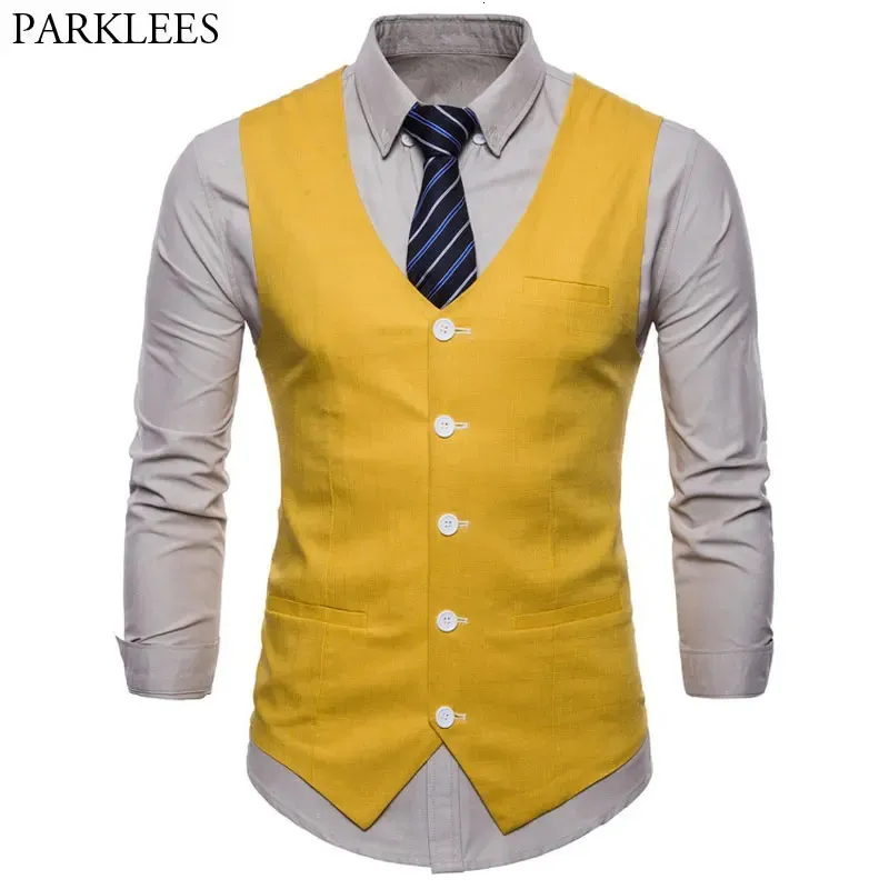 Casual Katoen Linnen Heren Pak Vest Slim Fit Single Breasted Mouwloos Vest Heren Wit Geel Groen Oranje Lichtblauw M4XL 240119