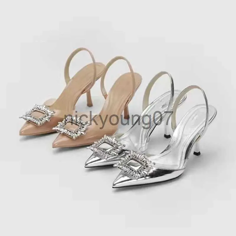 Sandaler Brand Designer Silver High Heels Sandaler Women 2023 Summer Crystal Square Buckle Sandals Woman Pointed Toe Slingbacks Party ShoeJ240122