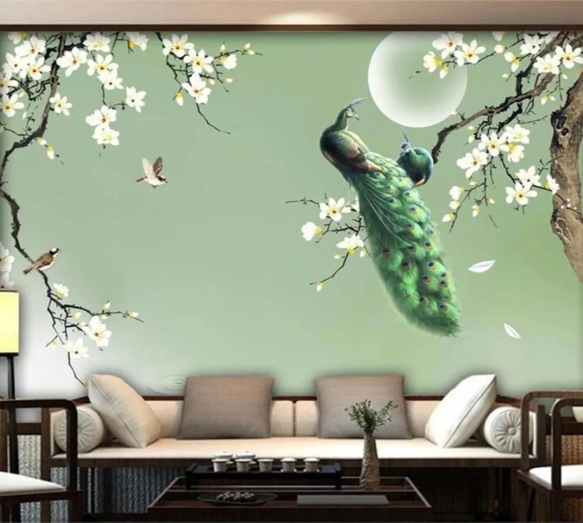 Custom Mural Wallpaper Chinese Style Handpainted Magnolia Green Peacock Flowers Birds Po Wall Paper Living Room TV 3D Fresco6916717