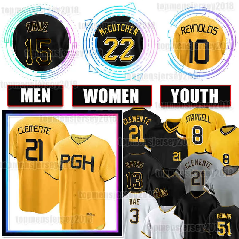 Roberto Clemente honkbalshirt Andrew 22 McCutchen Willie Stargell Pirates Oneil Cruz Bryan Reynolds KeBryan Hayes Ji Hwan Bae Dave Parker David Bednar Connor Joe