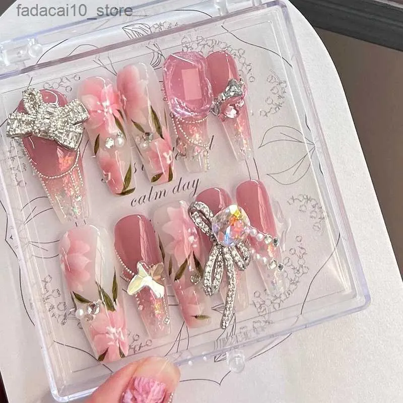 거짓 손톱 수제 장미 꽃 고급스러운 가짜 손톱 접착제 반짝이는 모조 다이아몬드 손톱에 대한 프레스 아트 재사용 가능한 긴 관 허위 못 막기 팁 선물 Q240122