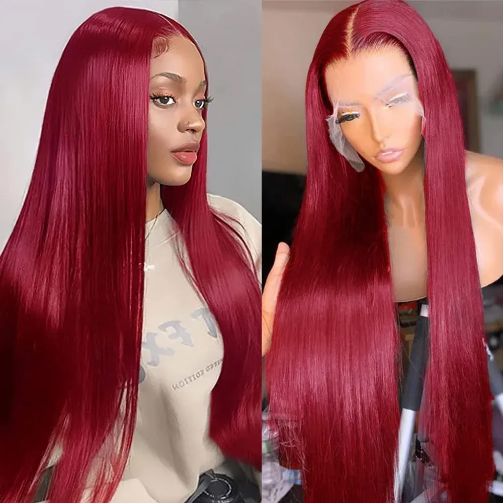 99J Bourgogne brasilianskt rakt hår 13x6 Spets främre mänskliga hår peruker Rödfärgade föregångade spetsarfrontal peruker för kvinnor
