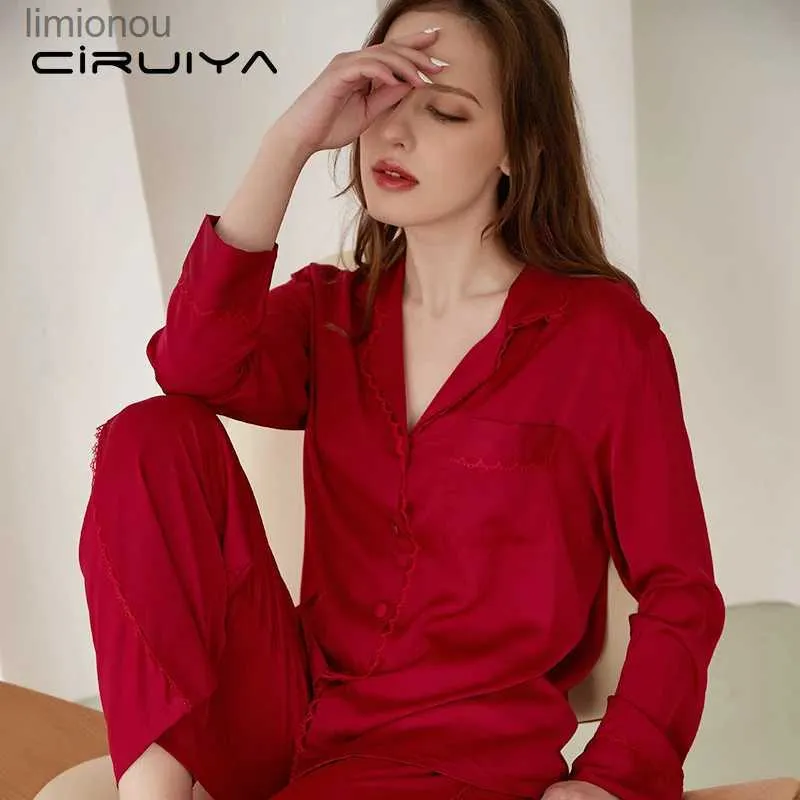 Women's Sleep Lounge CIRUIYA Sexy Women S Lace Silk Satin Pajamas Sets With Pants Summer Two Piece Set Ladies Long Sleepwear Suits Home Clothes 2022L240122