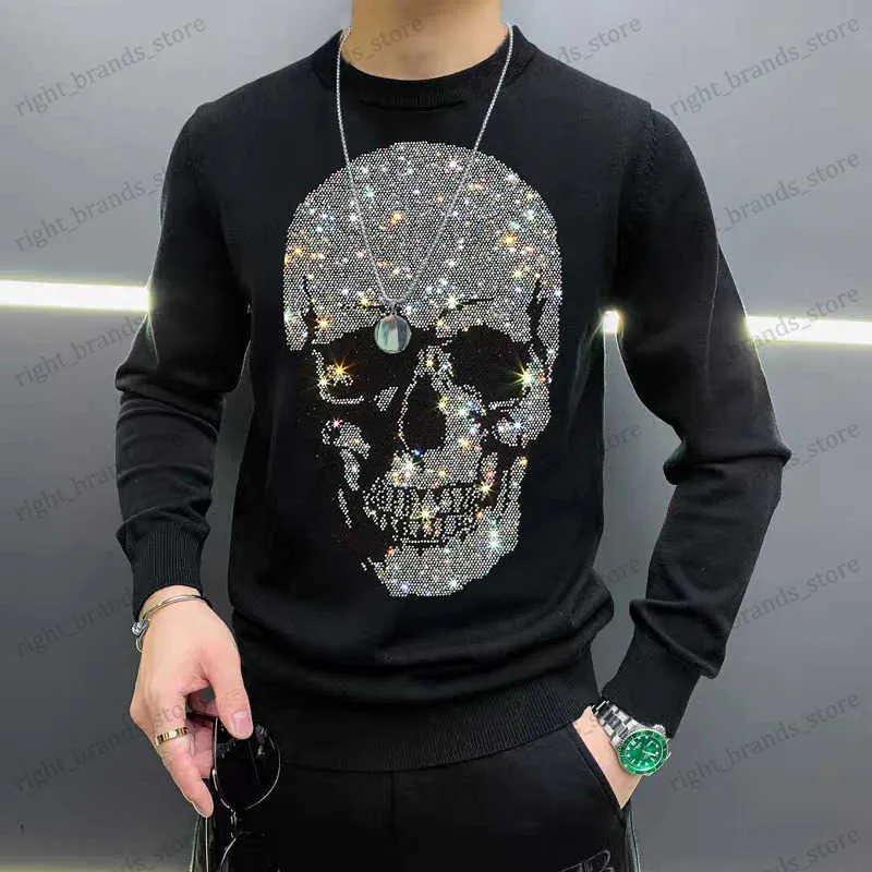 Erkek Sweaters Erkek Avrupa ve Amerikan Rhinestone Örme Süveter Külot Kafatası Harajuku Parlak Moda Günlük Tip T240122