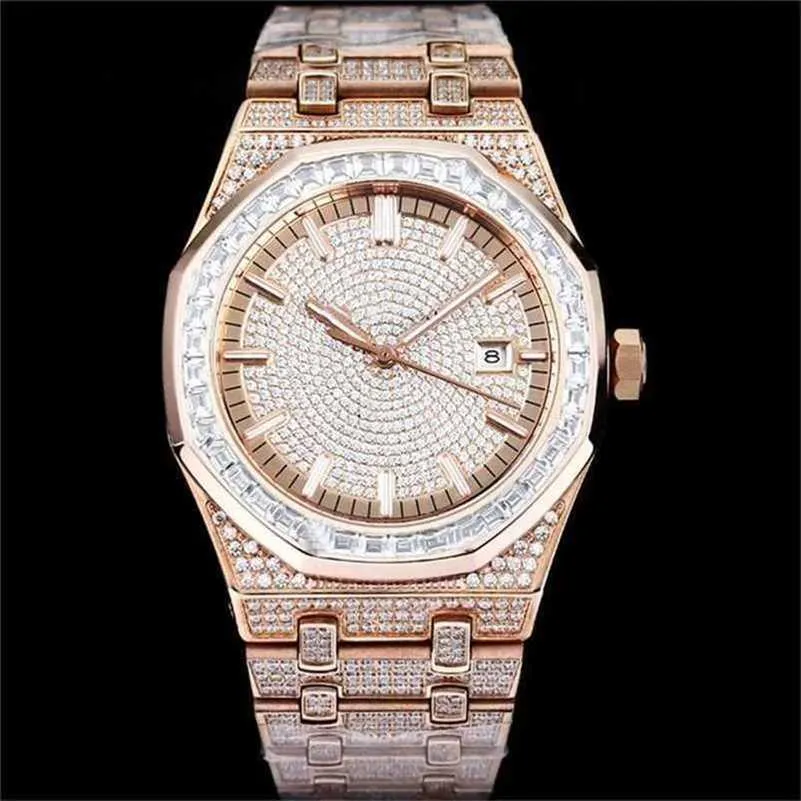 Luxury AP Diamond Iced Mosonite Can Pass Test vs Factory Handmade Mens Automatic 40mm med 904L Diamond Stacked Steel Sapphire armbandsur de luxe