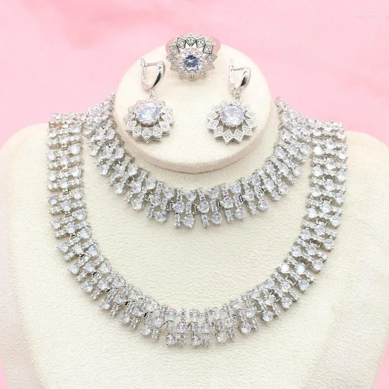 Ensemble de boucles d'oreilles et collier de luxe en zircone blanche, couleur argent, bijoux de mariée pour femmes, bague, Bracelet, boîte cadeau