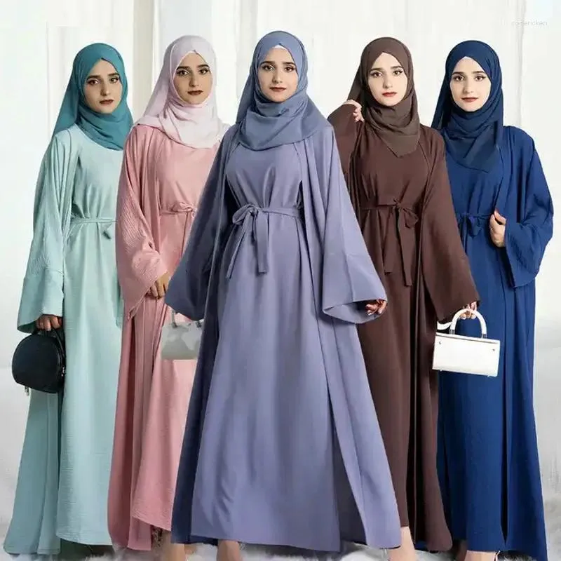 Ethnic Clothing Two Piece Kimono Matching Muslim Set Ramadan Open Abayas Inner Dress For Women Dubai Turkey African Islamic Arab Kaftan