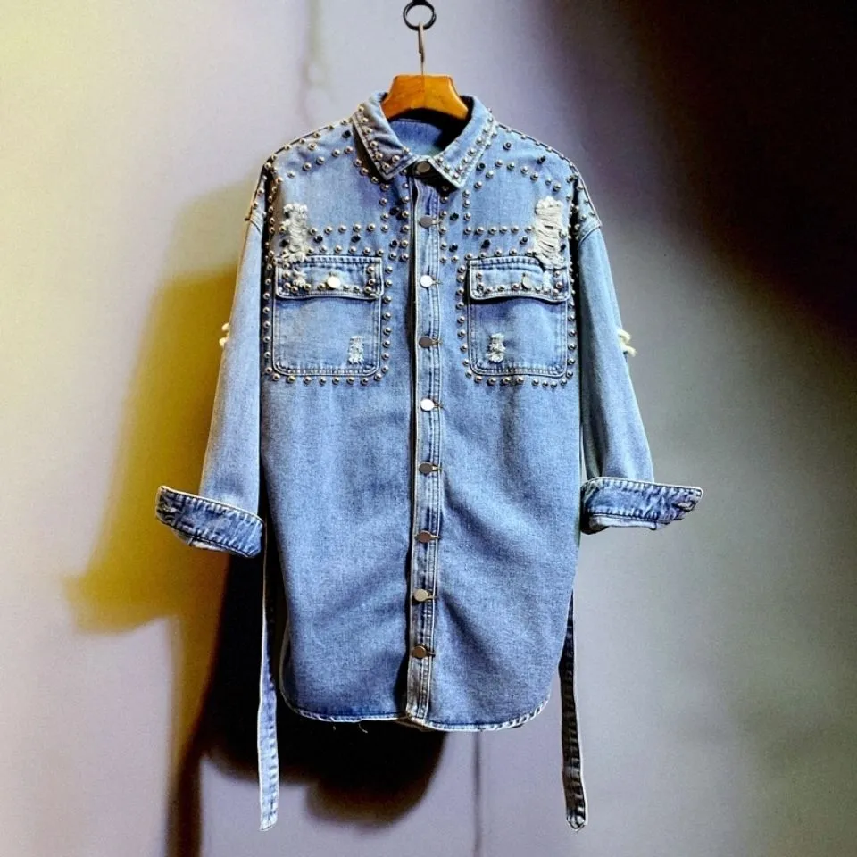 Women's spring new turn down collar denim jeans rivets ripped holes sashes medium long casual shirt coat