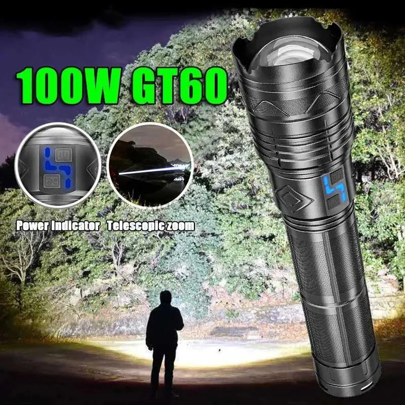 懐中電灯20000lm超明るい戦術懐中電灯100W GT60長距離LED TORCH USB充電可能481350Aバッテリー240122