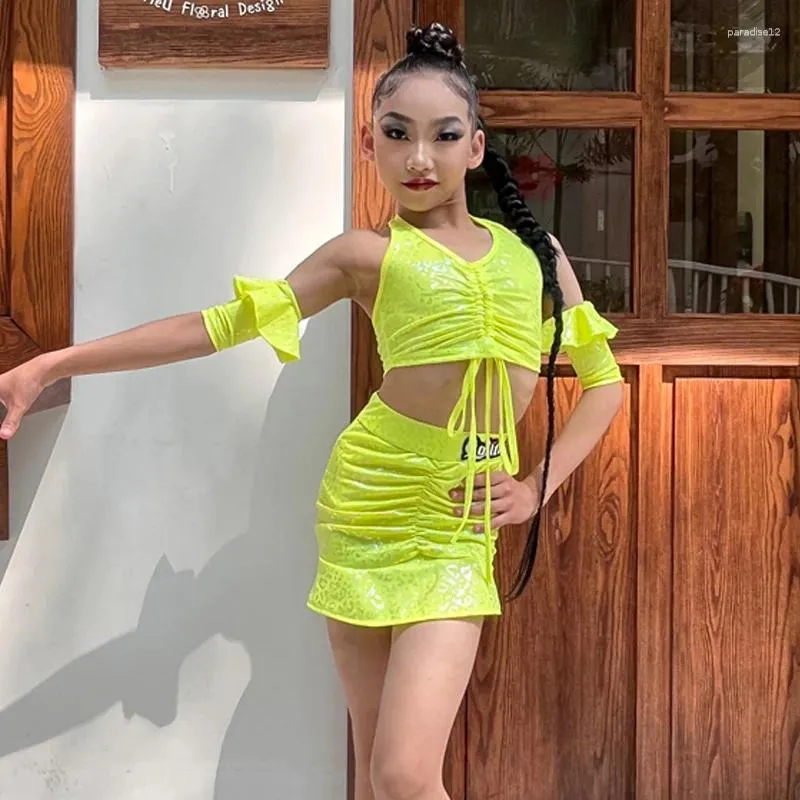 Stage Wear Fluorescent Yellow Latin Dance Costume For Girls Tops Skirt Children Practice Rumba Dancing Performance CostumeD L10178