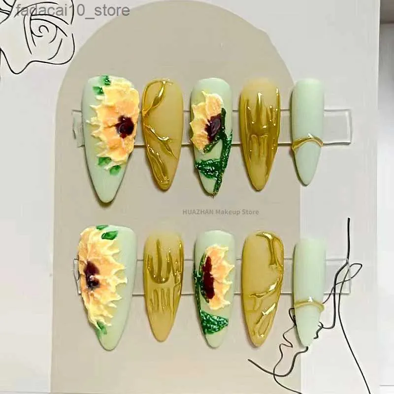 False Nails Three-Dimensional Sunflower Design Press On Nails Handmade French Style False Nails Tips Short Reusable Fake Nail With Glue Gift Q240122