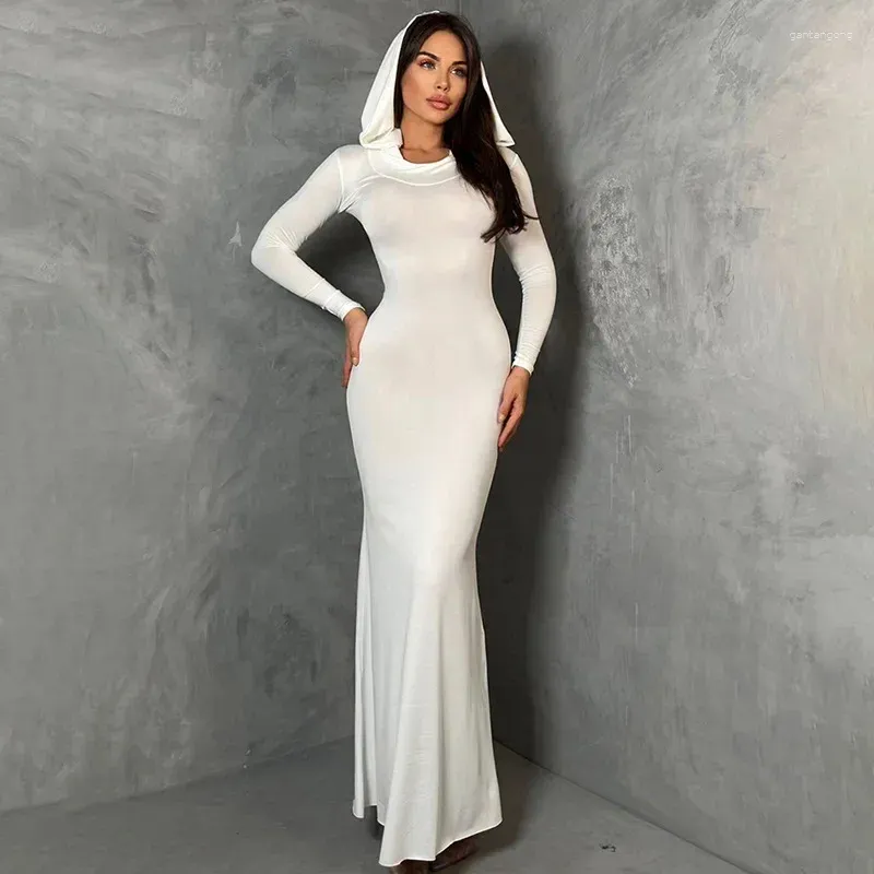 Casual Dresses Boozrey Elegant Long Sleeve Hoodie Maxi Dress for Women Party Club Outfits Bodycon Solid Deep V Swing Collar Robe