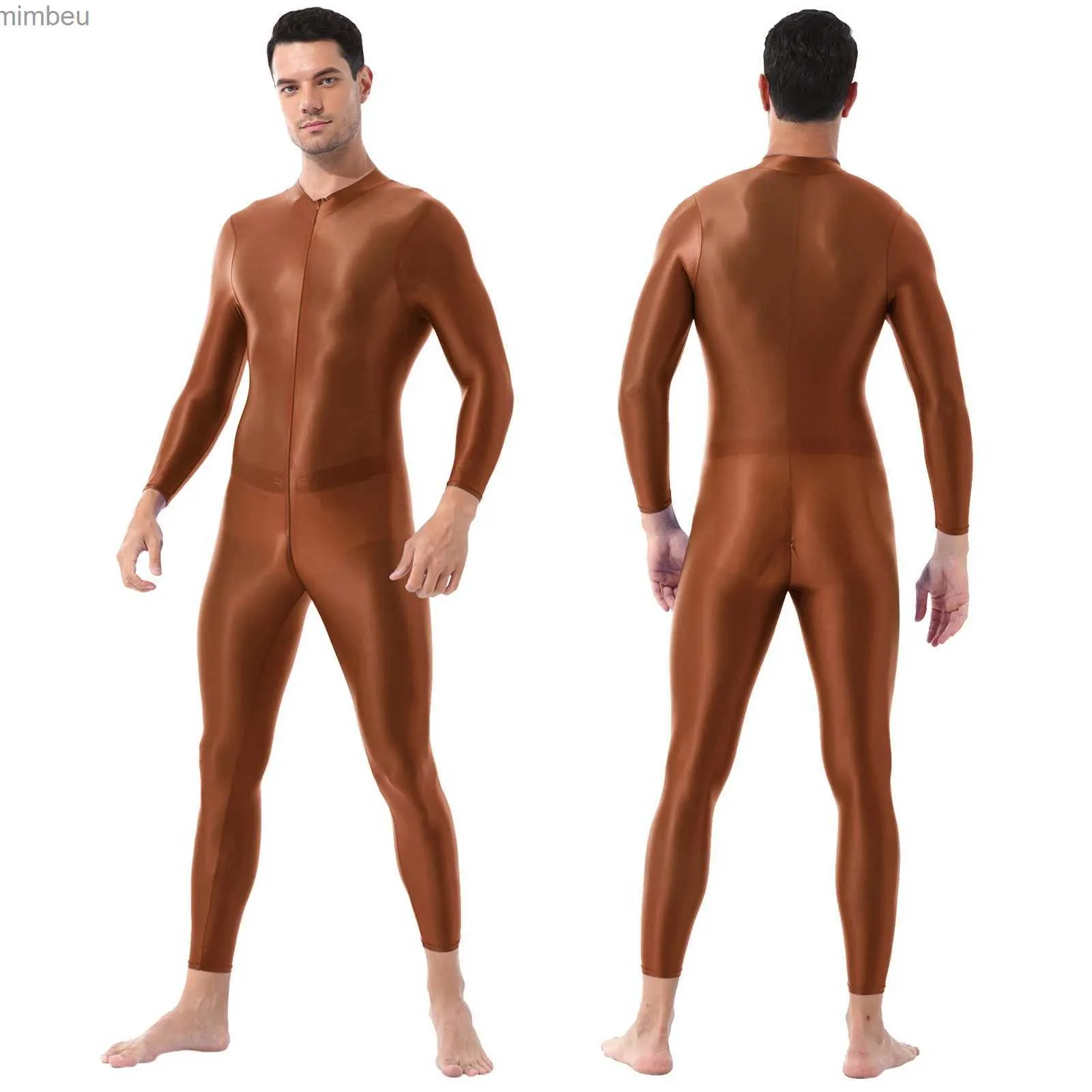 Sexig uppsättning sexig uppsättning män underkläder kroppsstrumpning sexig fotled längd dubbel-end blixtlås sexig bodysuit skimrande hög hals långärmad mevels jumpsuit c240410