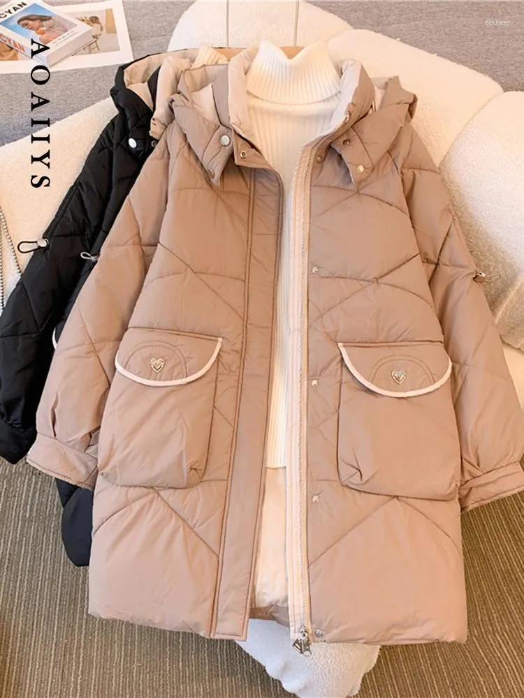 Women's Trench Coats Winter Khaki Jackets For Women Coat Long Parkas Loose Office Lady Casual Hooded Solid Thick Simple Pockets Warm Down