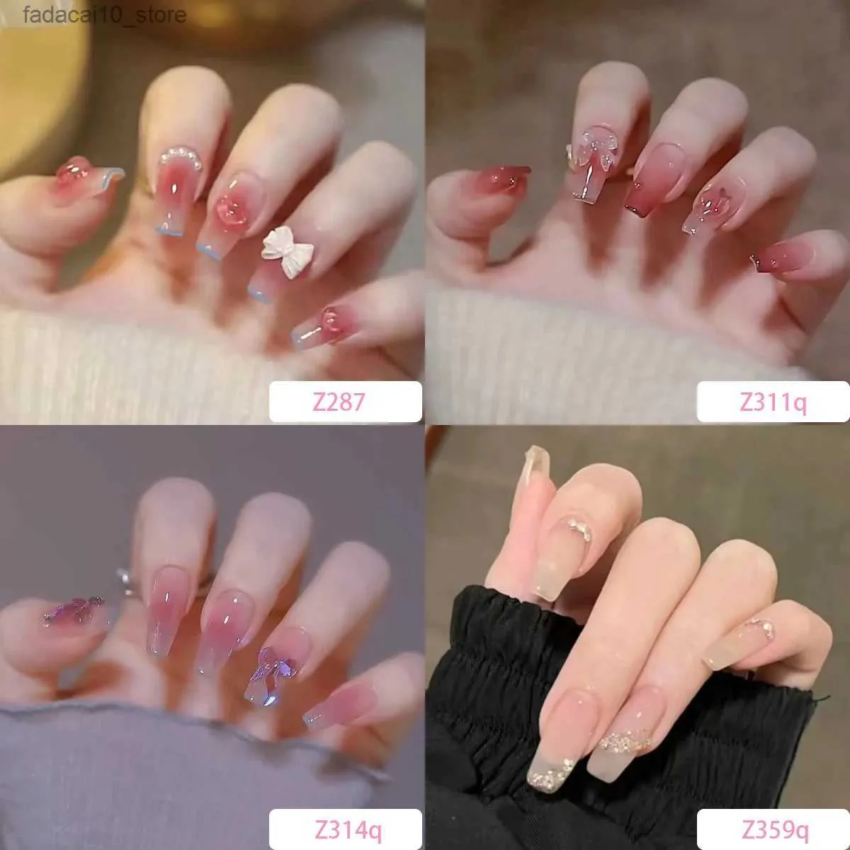 Unhas falsas 4 caixas/lote (96 unidades) Pérola longa prensa de balé em unhas com arco Cobertura completa à prova d'água Unhas falsas Nail Art Unhas falsas feitas à mão Q240122