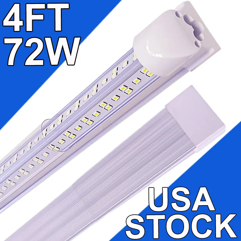 Luz de loja LED 4FT 72W 7200LM 6500K Luzes de garagem com refletores, luzes de lojas LAED conectáveis em forma de V, iluminação de teto com tampa transparente, luminárias integradas T8 usastock