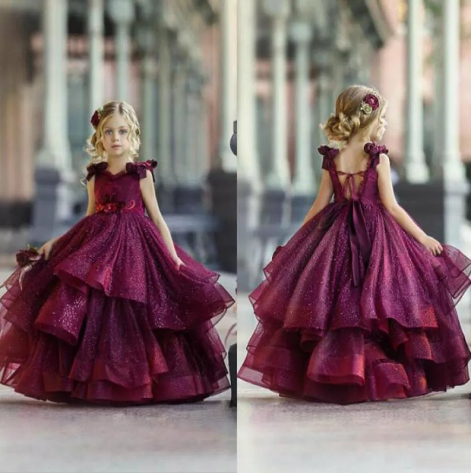 2021 Burgundy Flower Girl Dresses for Wedding Lace Beads 3D Floral Appliqued Little Girls Pageant Dresses Party Gowns Princess Wea5687296