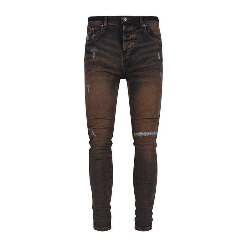 Jeans Masculino DENIM | Design americano de botão duplo de cintura média para reparo de jeans slim vermelho marrom