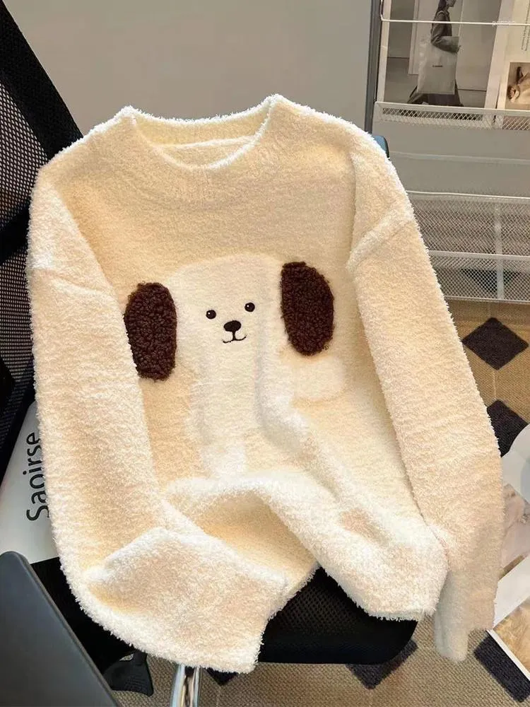 Kvinnors tröjor Kawaii Cartoon Dog Sticked Pullovers Simple Autumn Winter Mori Girl Sweater Korean Tide Cashmere Top High Street Preppy