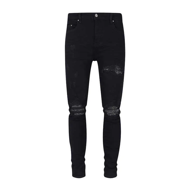 Jeans pour hommes à la mode AMIRCA style américain rue en détresse patch ébouriffé et beau jean slim fit avec petites jambes